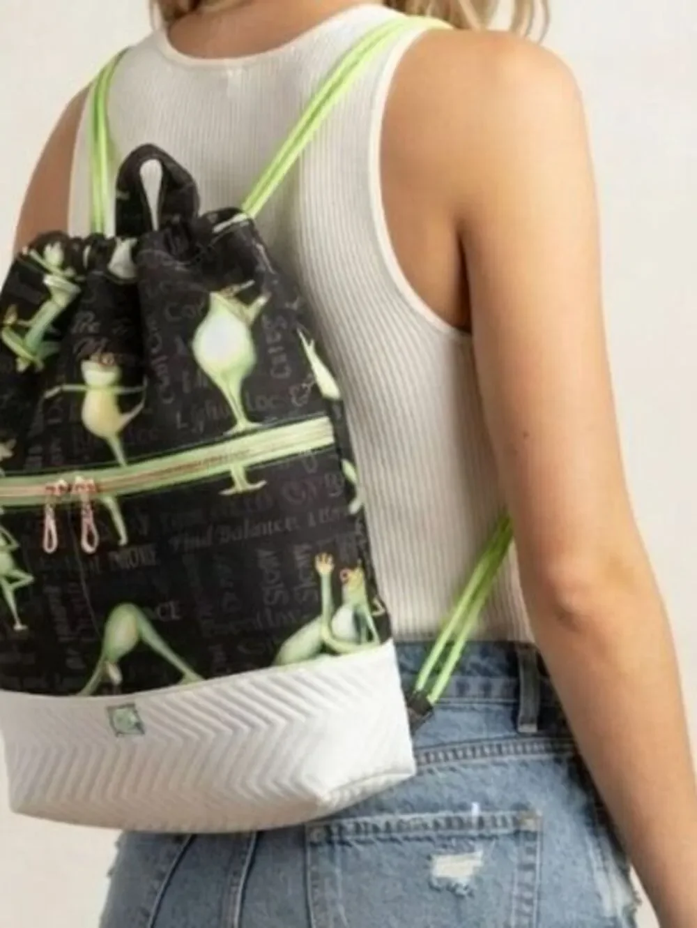 Yoga frogs backpack, handcrafted 2 zipper drawstring bag